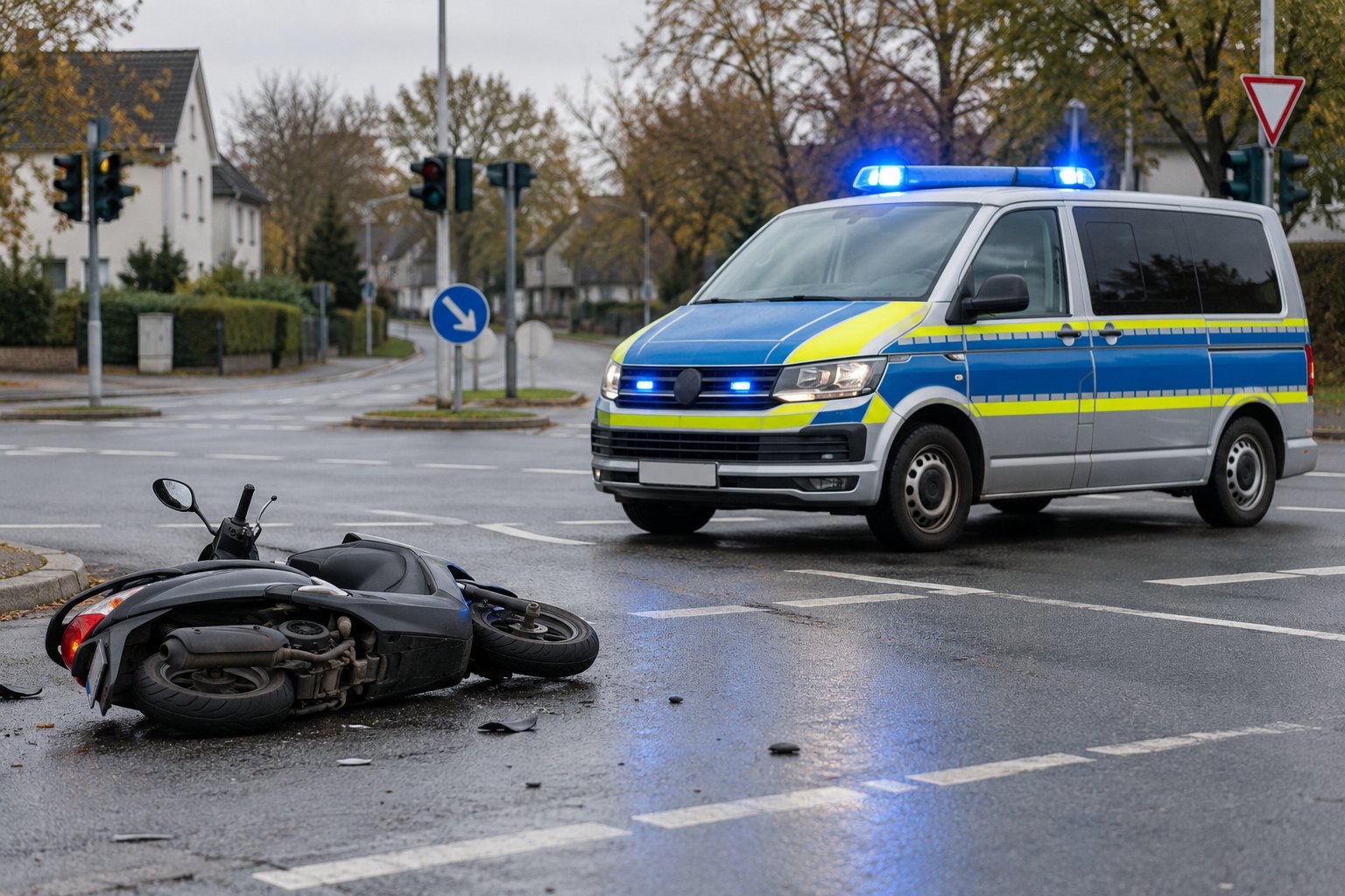 Polizeifahrzeug und umgestürzter Motorroller an einer Kreuzung – KI-generiertes Symbolbild