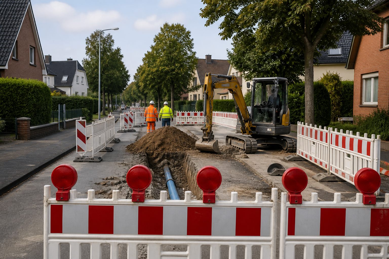 Symbolbild einer abgesperrten Wohnstraße während Arbeiten an einer Trinkwasserleitung