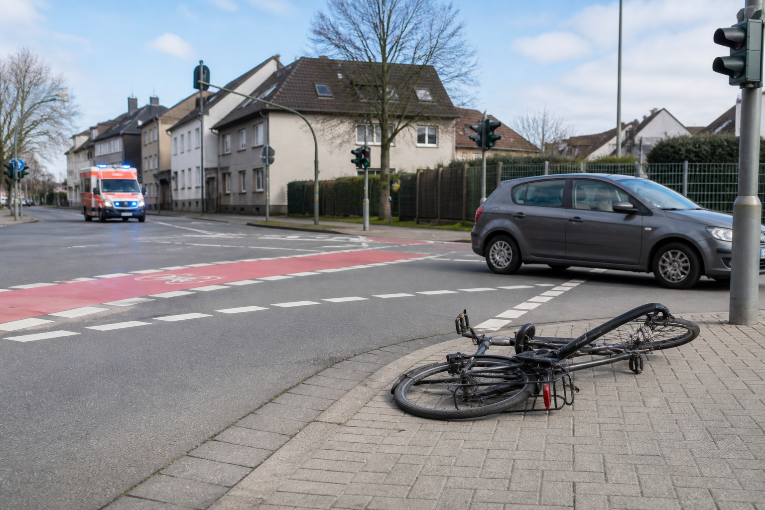 Symbolbild eines Fahrrads an einer städtischen Kreuzung mit Rettungswagen im Hintergrund