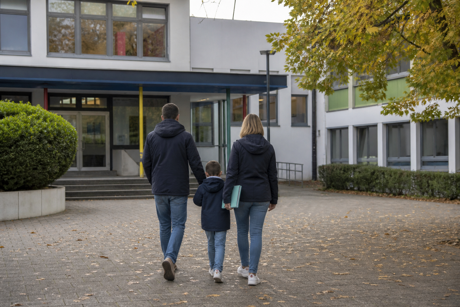 Eltern begleiten ihr Kind zur Anmeldung an einer Grundschule