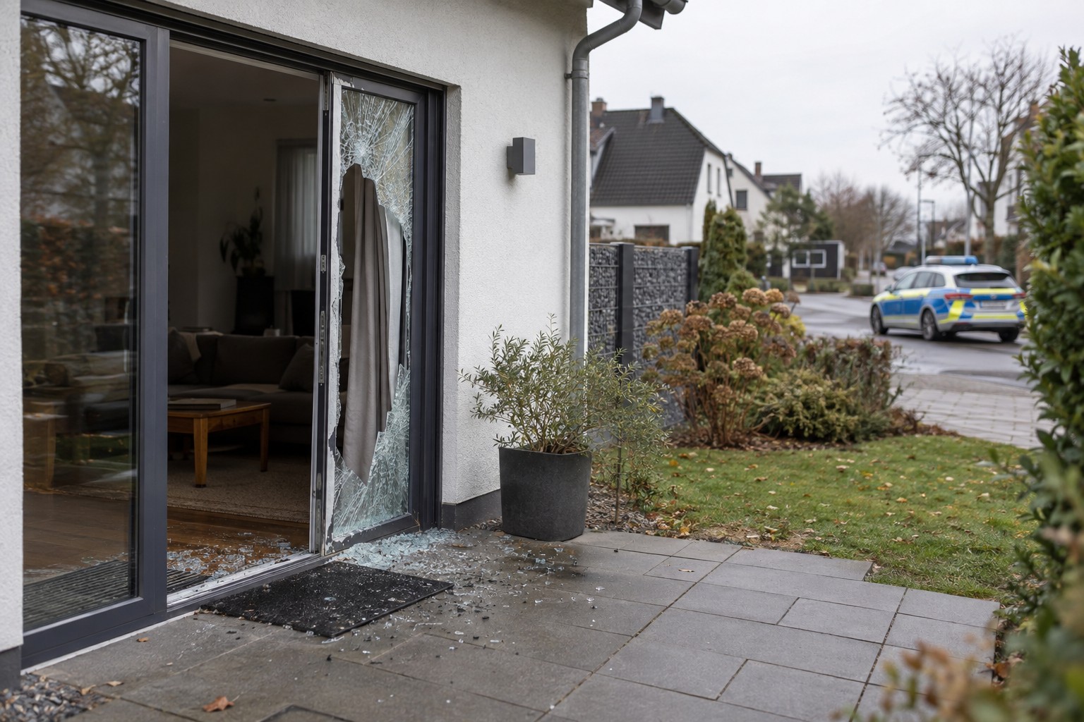 Aufgebrochene Terrassentür eines Wohnhauses, im Hintergrund ein Polizeifahrzeug