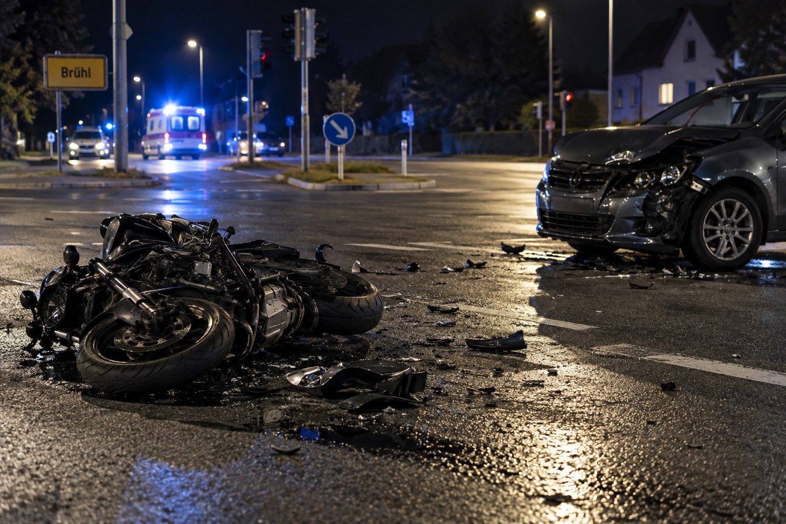 Symbolbild eines schweren Motorradunfalls an einer nächtlichen Straßenkreuzung