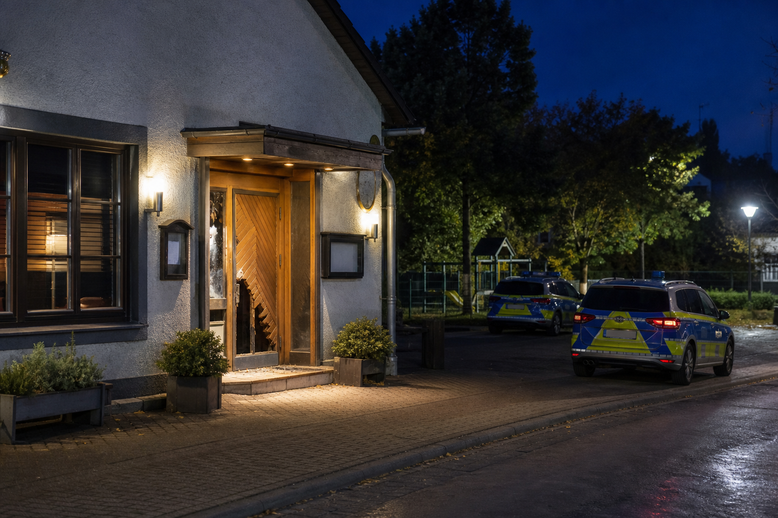 Symbolbild eines beschädigten Restauranteingangs bei Nacht mit Polizeifahrzeugen im Hintergrund