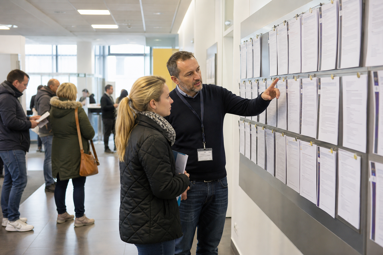 Arbeitssuchende und Berater vor einer Wand mit Stellenangeboten