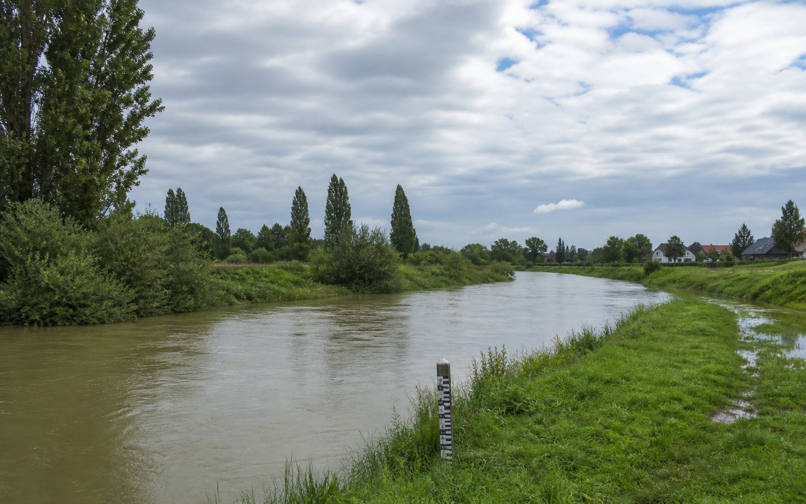 Erhöhte Erft mit Pegelstab nach lang anhaltendem Regen