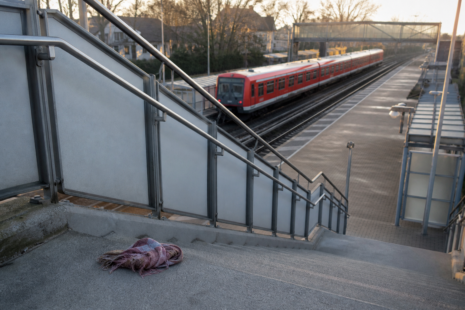Symbolbild der Treppenanlage eines S-Bahnhofs mit abfahrendem Zug