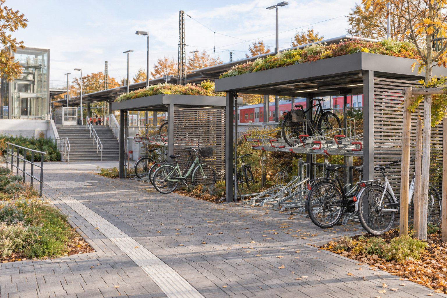 Symbolbild überdachter Fahrradstellplätze mit begrünten Dächern an einem Bahnhof