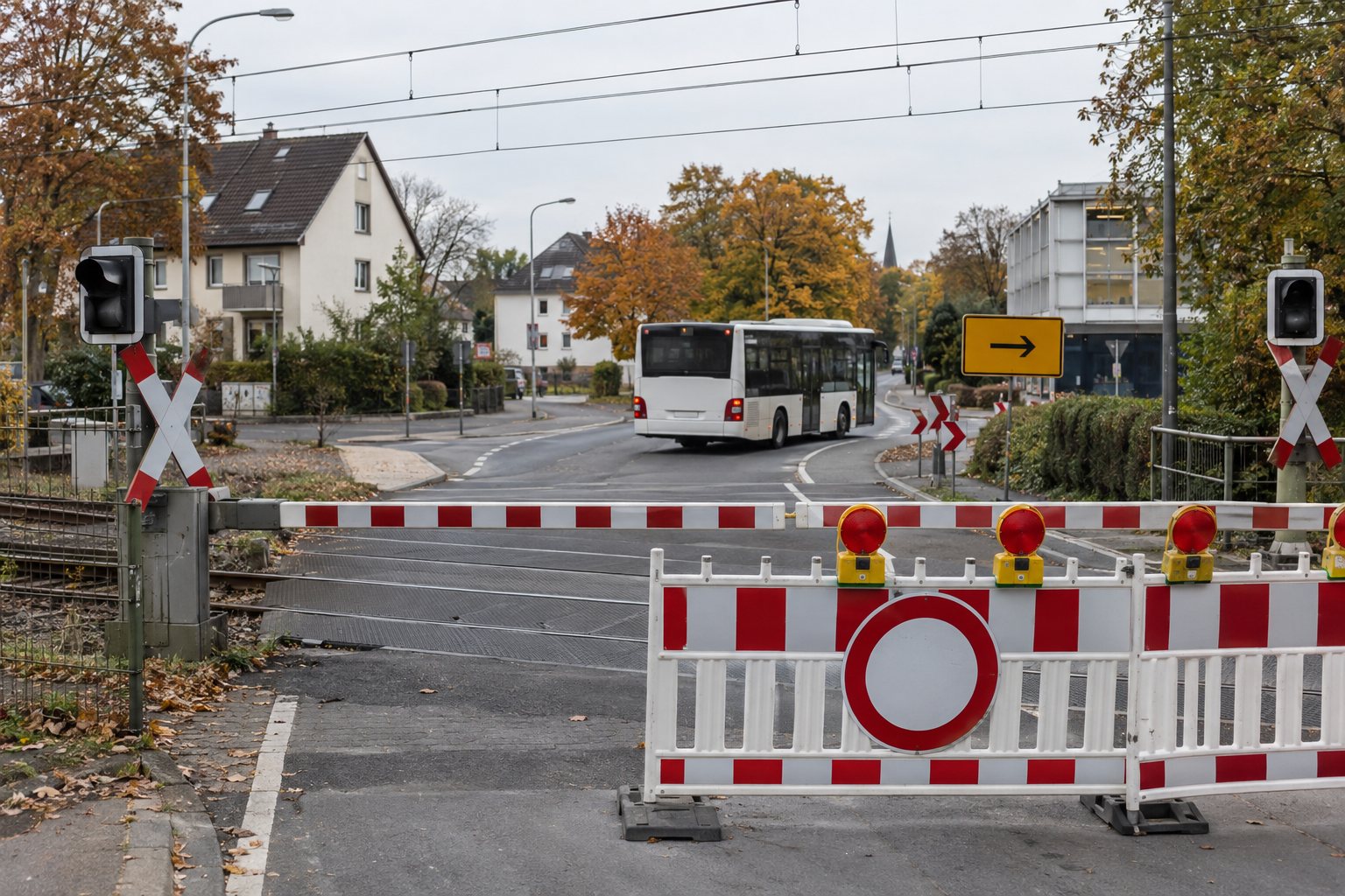 Symbolbild: gesperrter Bahnübergang mit Baustellenabsperrung und umgeleitetem Bus