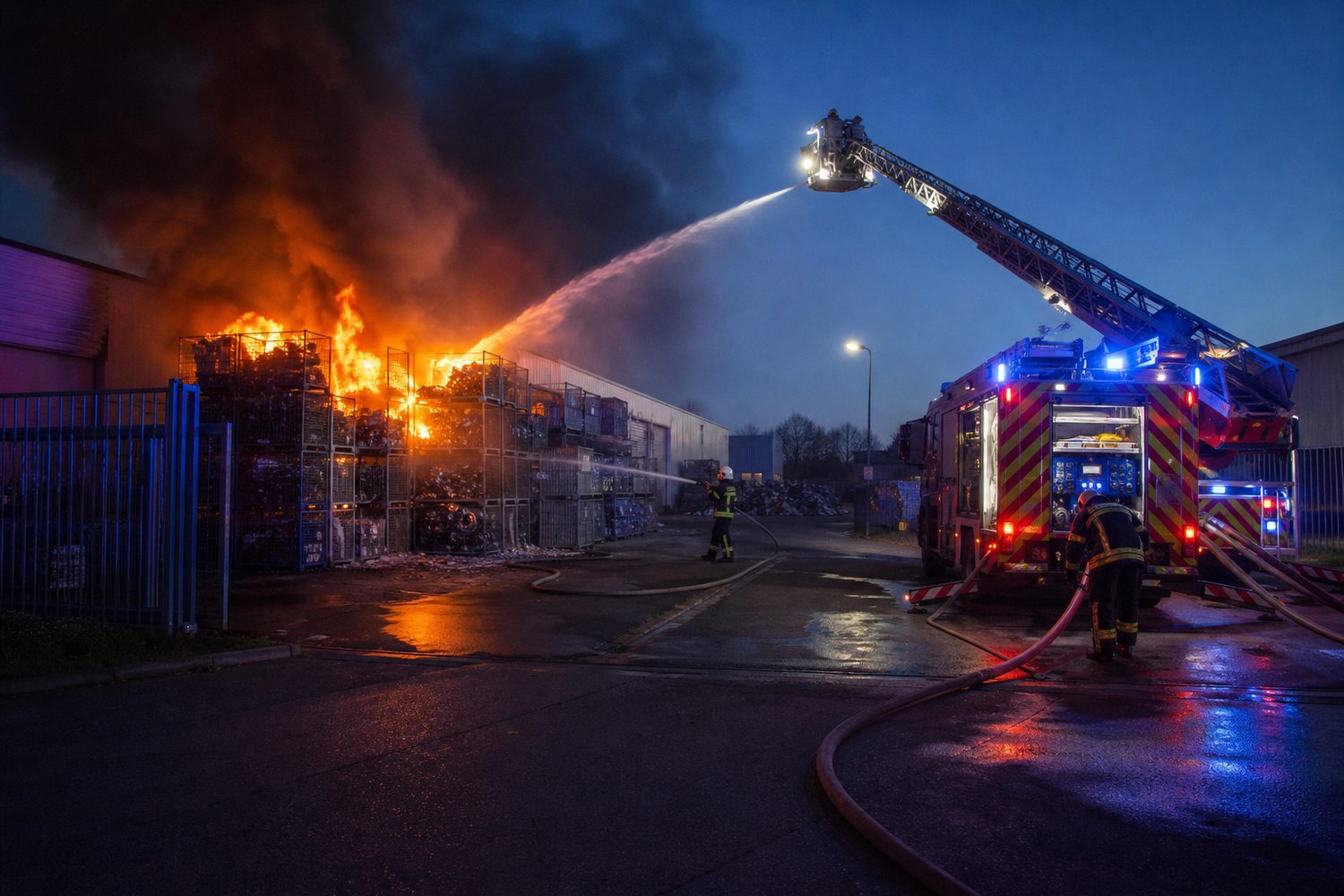 Feuerwehr löscht brennende Gitterboxen mit Elektroschrott in einem Gewerbegebiet