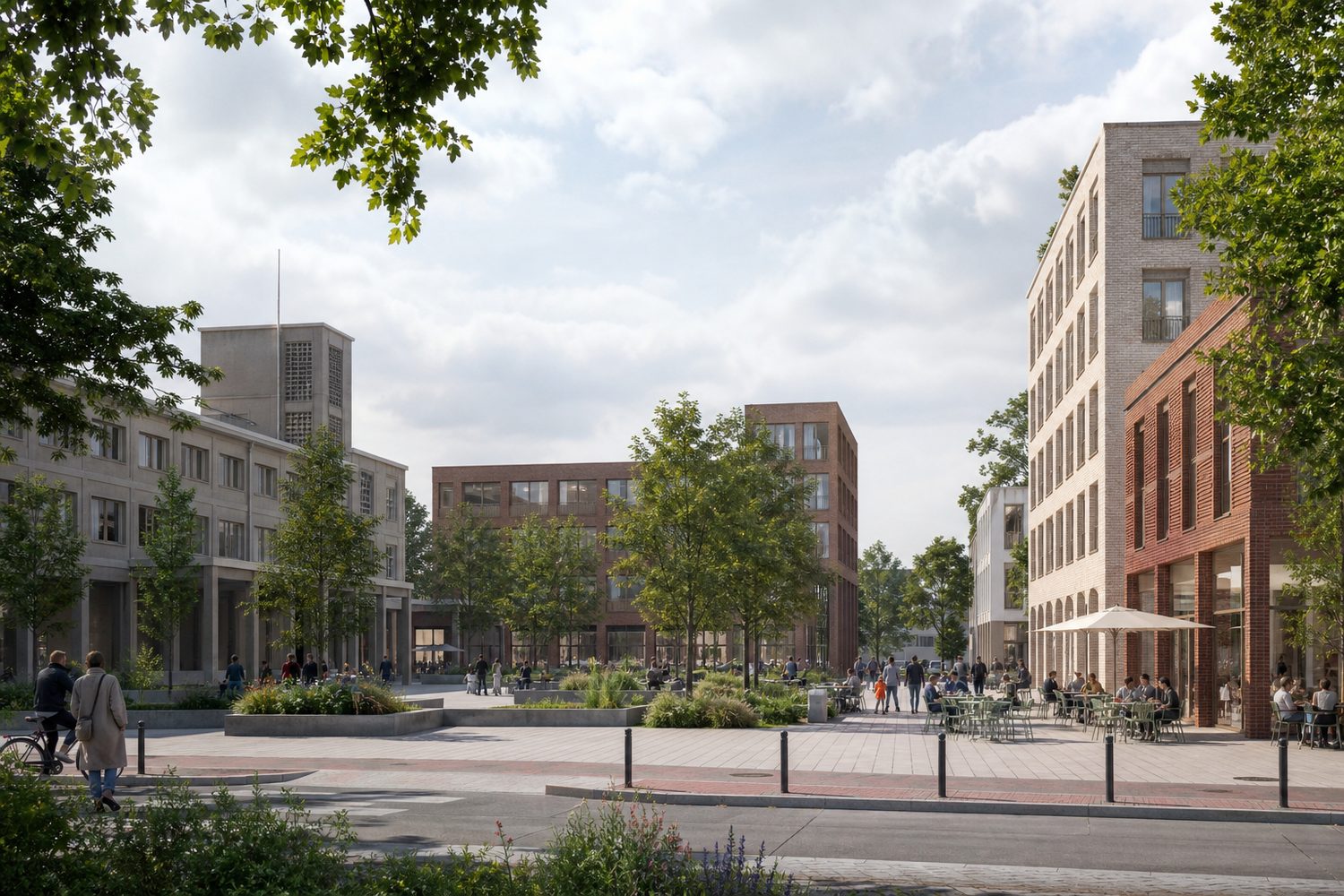 Visualisierung eines begrünten Stadtquartiers mit Kultur- und Bildungsgebäuden