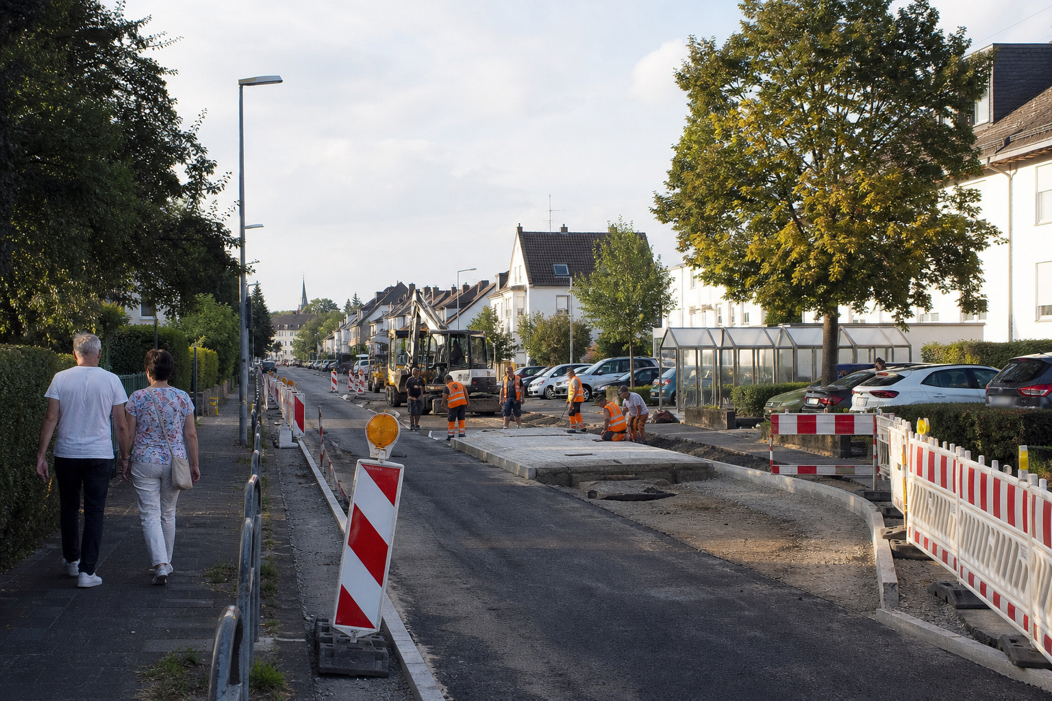 Bauarbeiten für einen Fußgängerüberweg auf einer Straße in Brauweiler