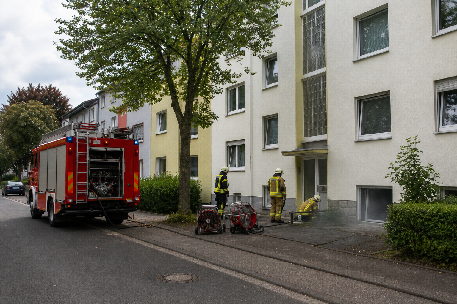 Feuerwehr bei Lüftungsarbeiten vor einem Mehrfamilienhaus in Bergheim