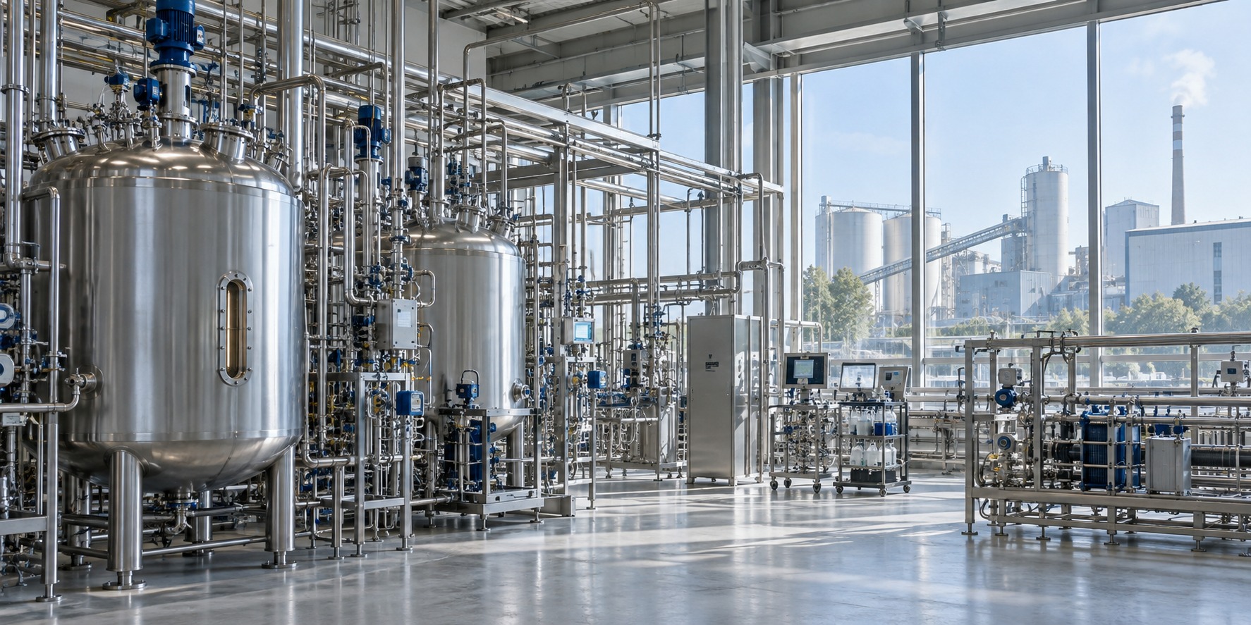 Symbolbild einer modernen industriellen Biotechnologie-Anlage mit Edelstahl-Fermentationstanks