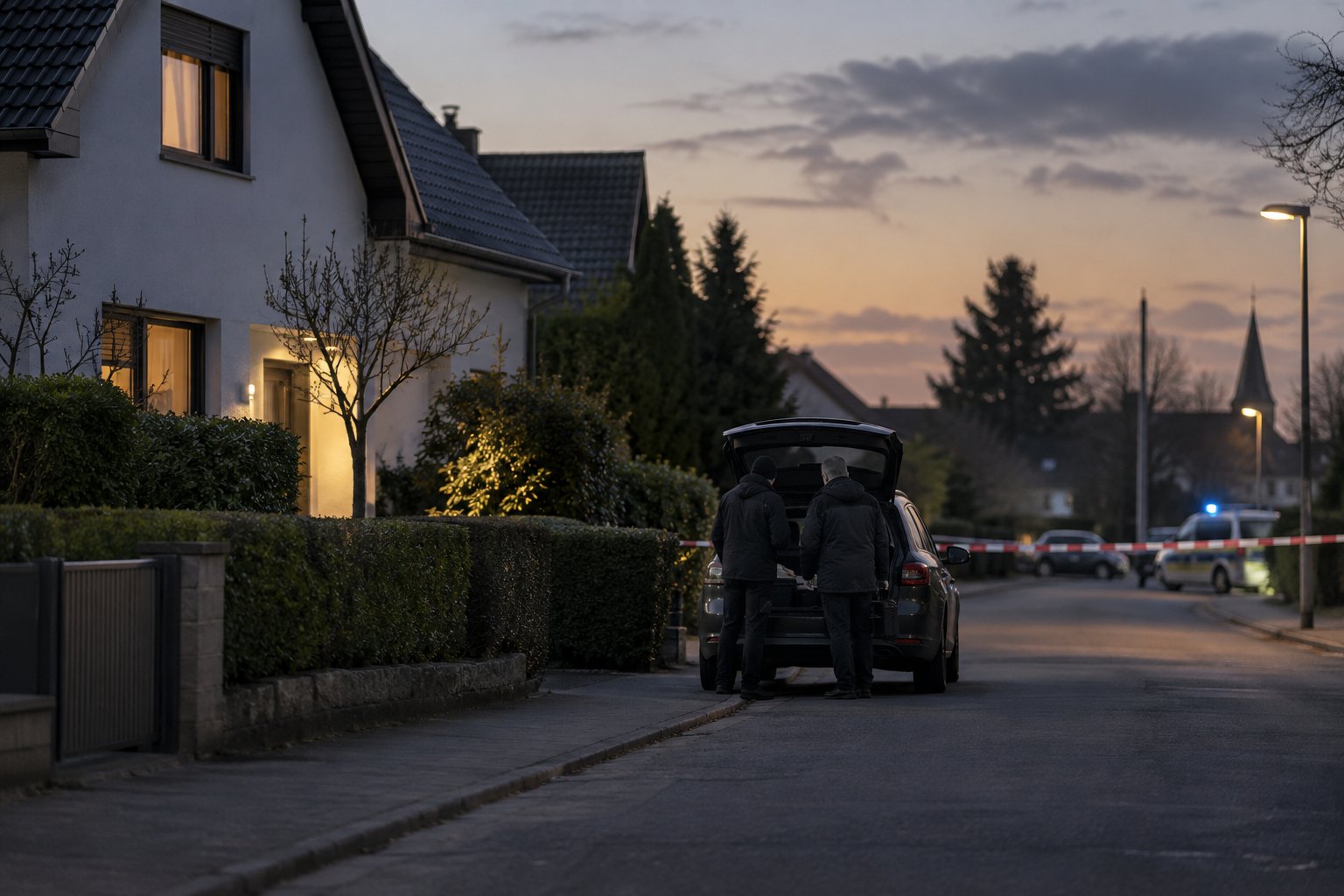 Abgesperrte Wohnstraße mit Ermittlern bei einsetzender Dämmerung – KI-generiertes Symbolbild