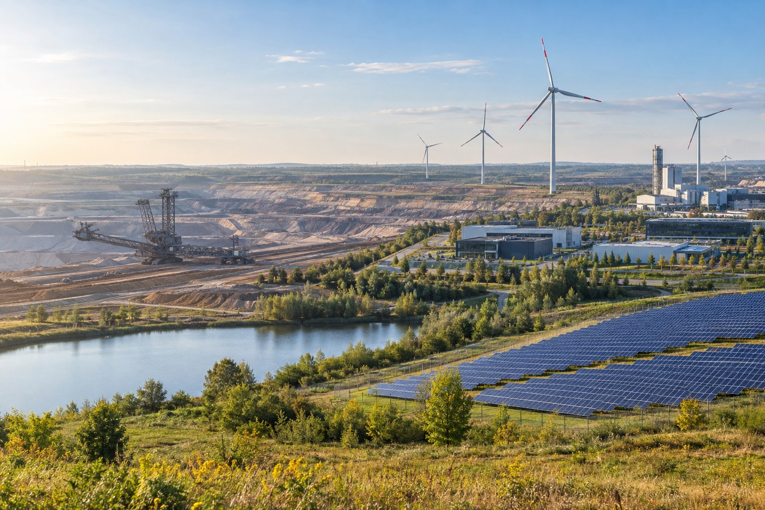 Symbolbild des Strukturwandels mit Tagebau, Windenergie, Solaranlagen und neuer Industrie