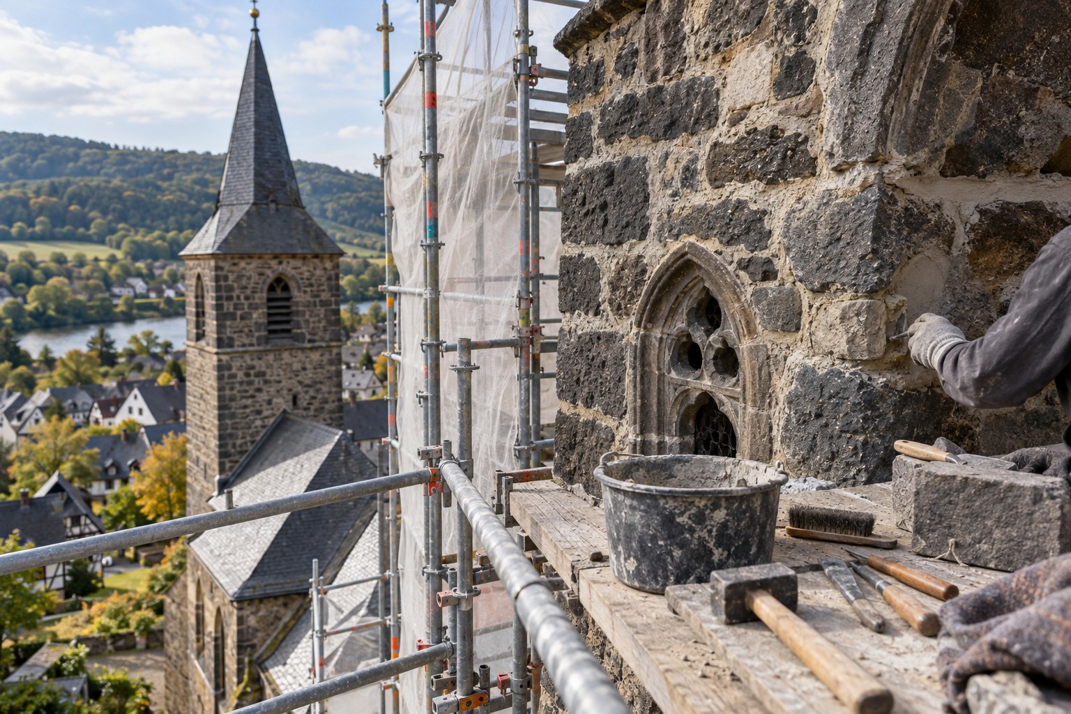 KI-Symbolbild: mittelalterlicher Kirchturm mit Gerüst während einer Restaurierung