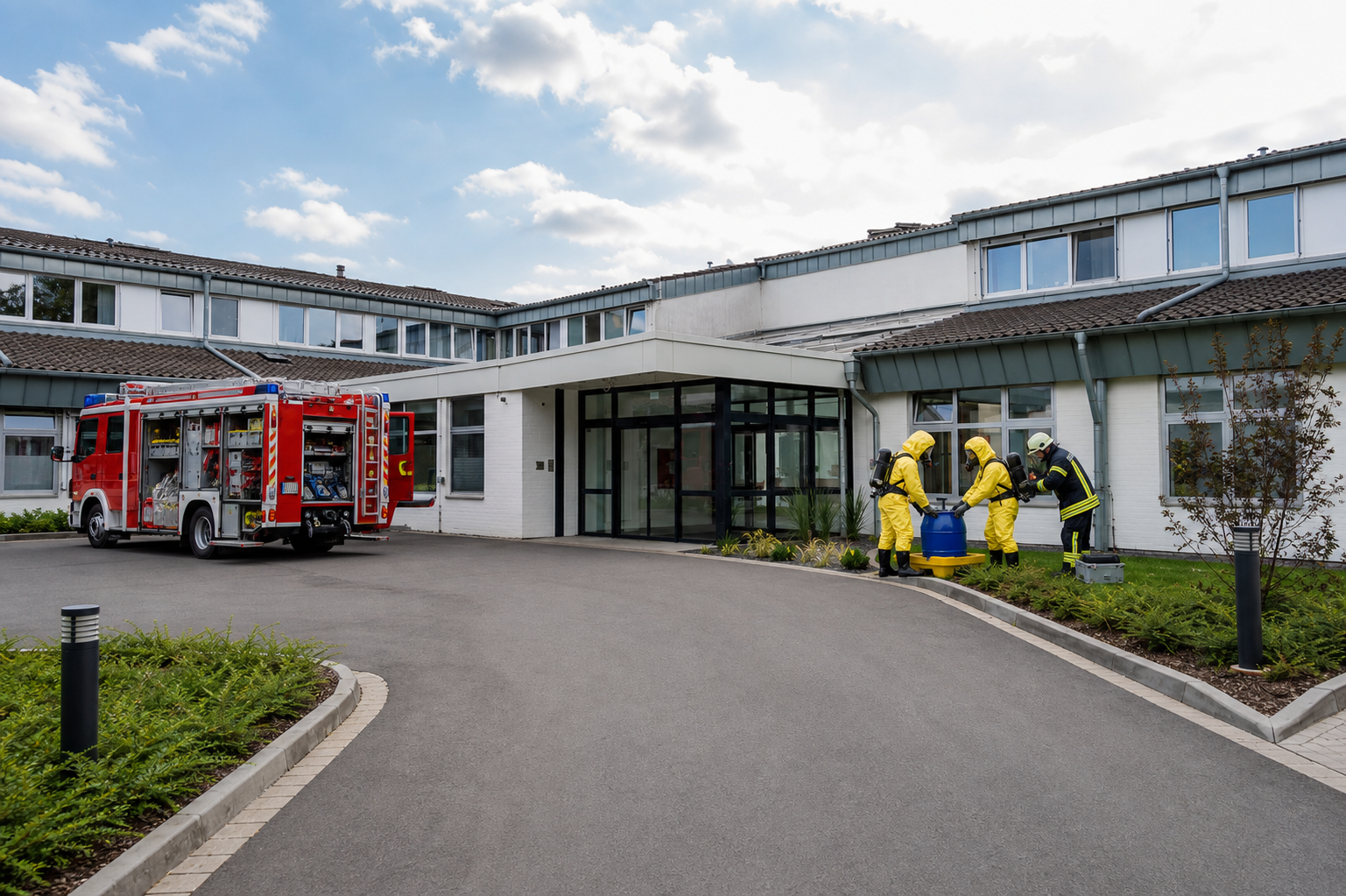 Symbolbild eines Gefahrstoffeinsatzes der Feuerwehr an einem Krankenhaus