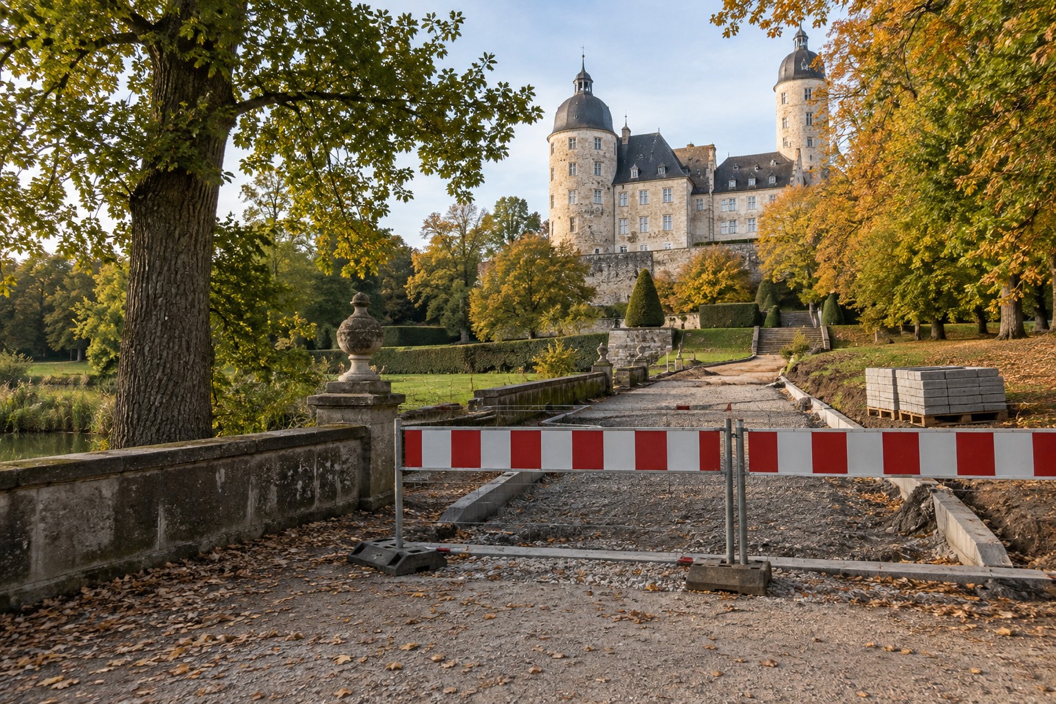 KI-Symbolbild: abgesperrter historischer Parkweg während Bau- und Baumpflegearbeiten