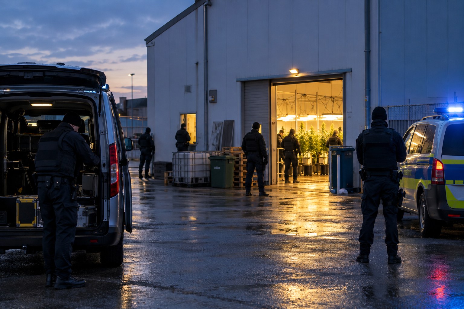 Symbolbild einer polizeilich gesicherten illegalen Cannabisplantage in einer Gewerbehalle