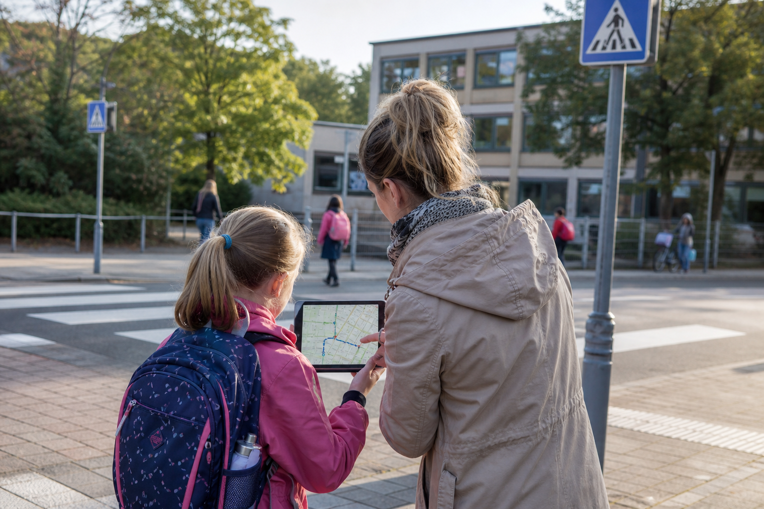 Mutter und Schulkind betrachten eine sichere Schulroute auf einem Tablet