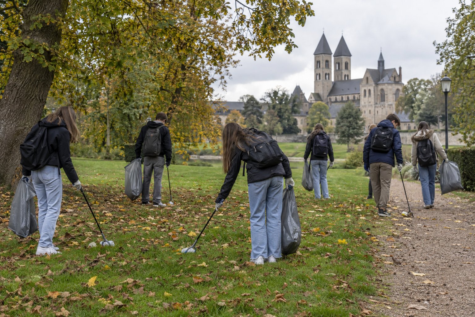 Symbolbild: Jugendliche sammeln Müll im Abteipark Brauweiler