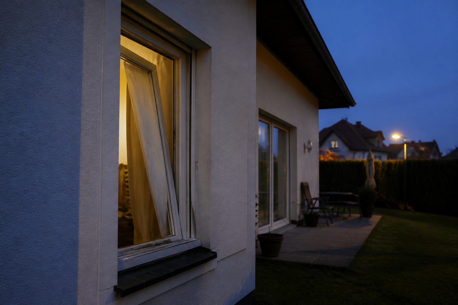 Symbolbild: Aufgebrochenes Erdgeschossfenster eines Wohnhauses in der Dämmerung
