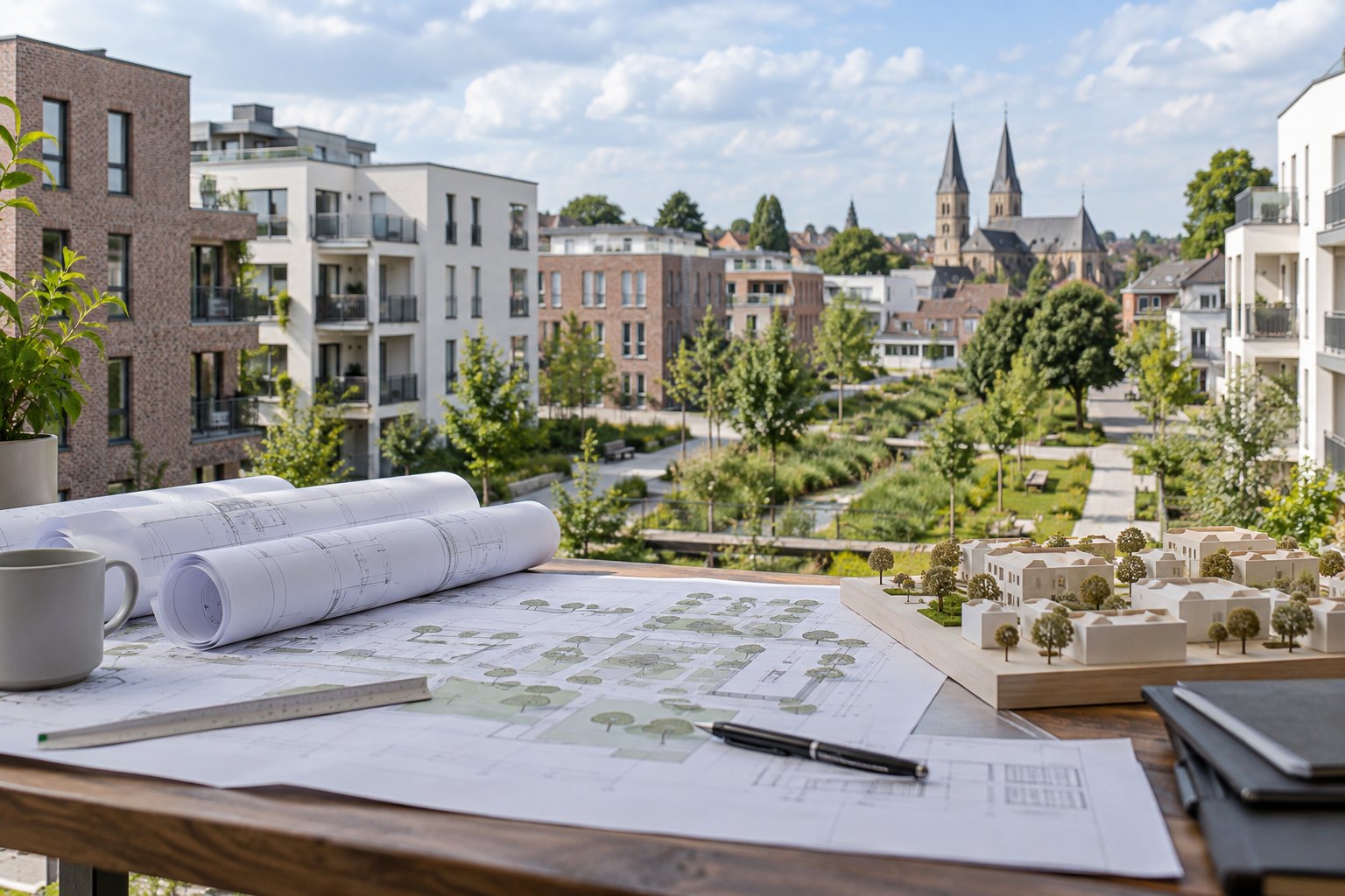 Städtebauliche Planung für neue Wohngebäude in einem begrünten Brühler Stadtquartier