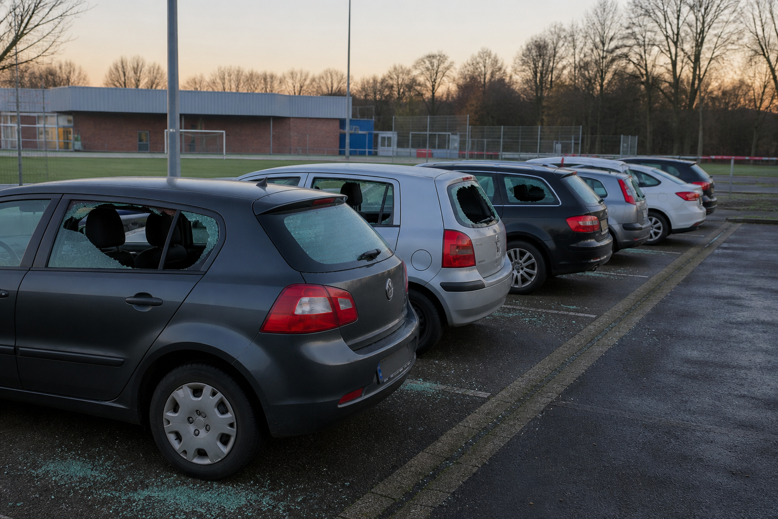 Symbolbild: Mehrere Autos mit eingeschlagenen Seitenscheiben auf einem Parkplatz an einem Sportgelände