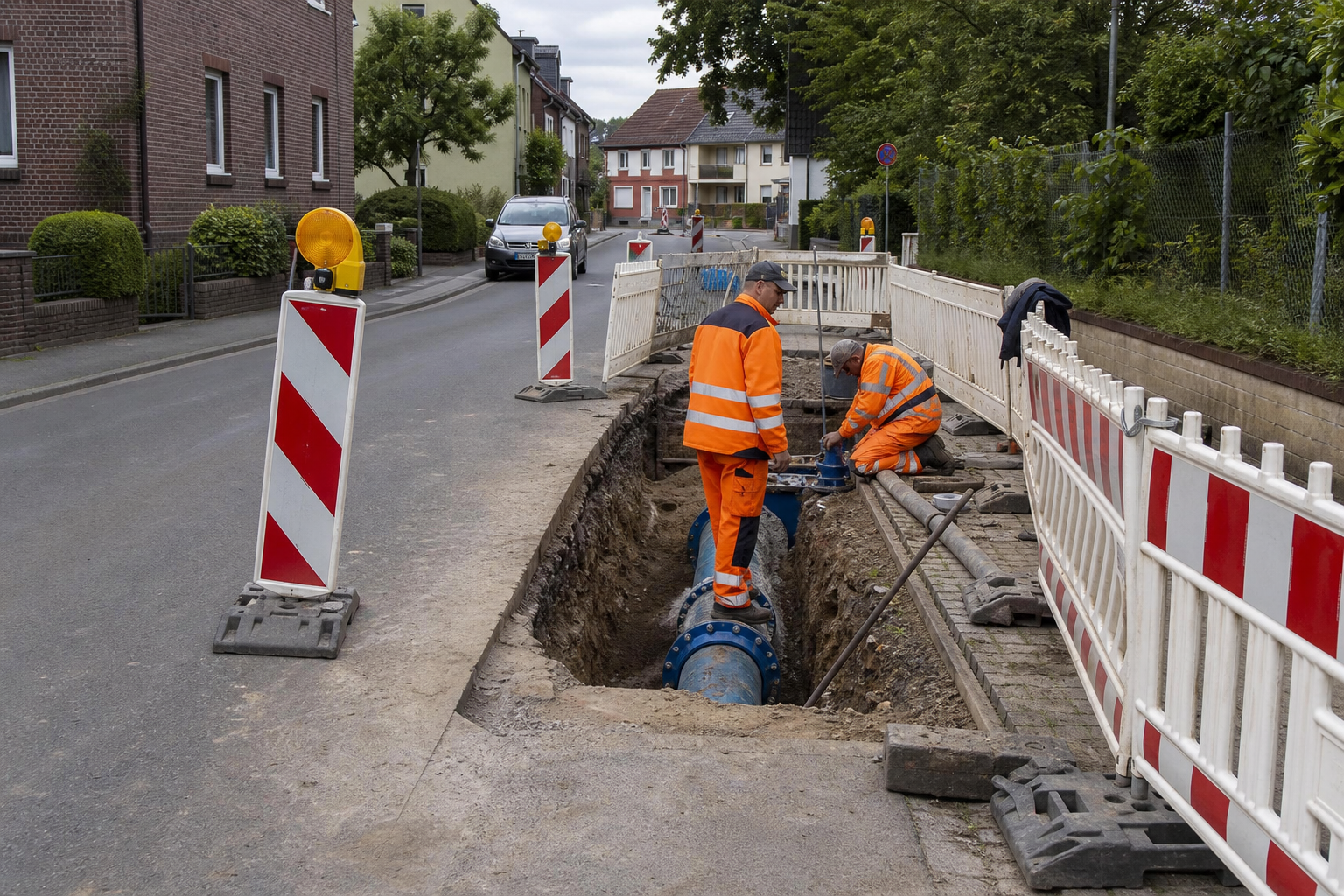 Symbolbild einer Baustelle an einer Wasserleitung in einer Wohnstraße in Erftstadt-Liblar