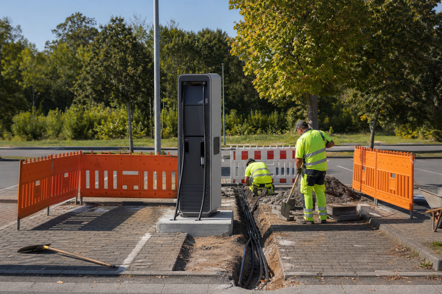 Symbolbild: Bauarbeiten zur Installation einer Schnellladesäule auf einem Pulheimer Parkplatz