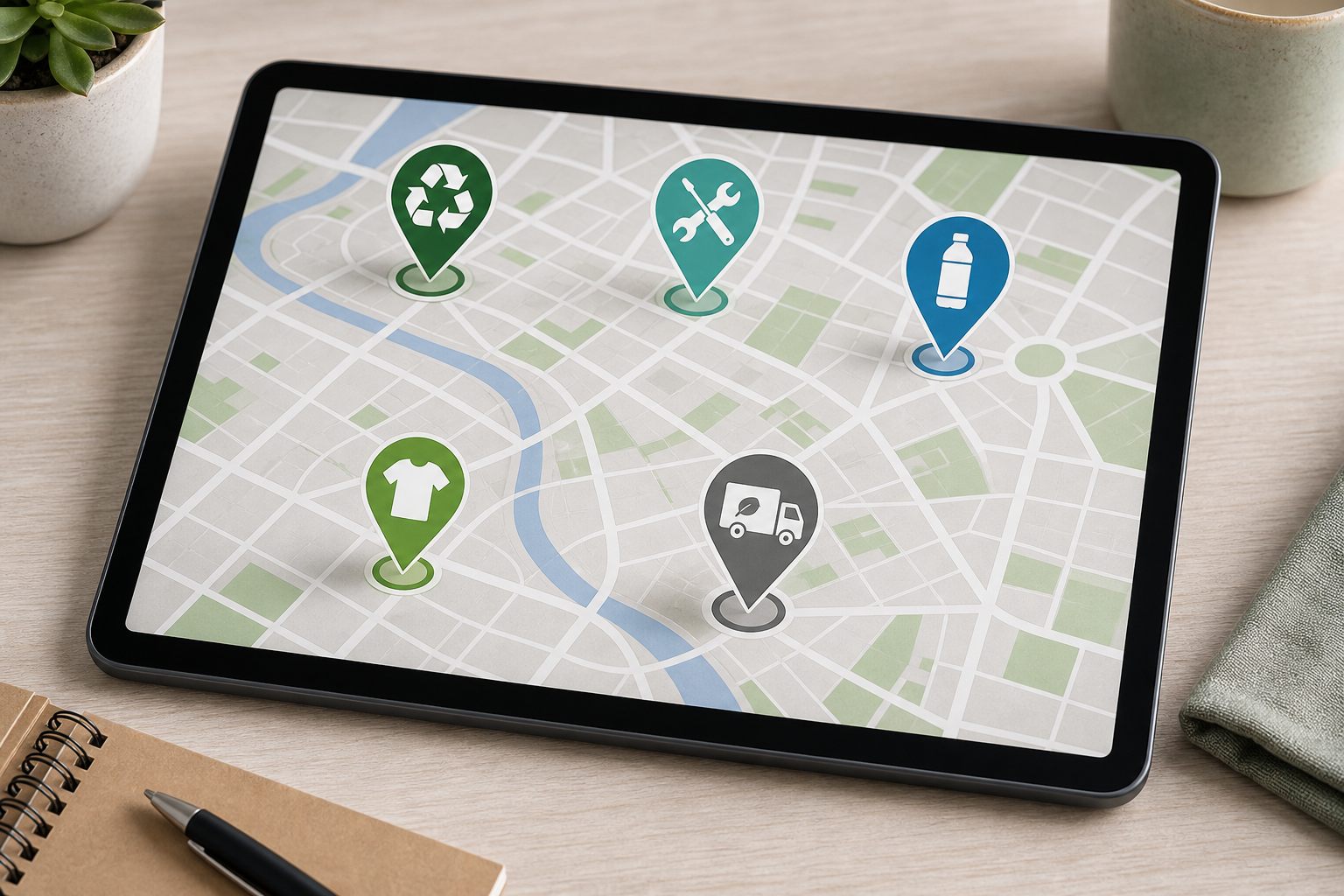 Symbolbild eines digitalen Stadtplans mit Punkten für Recycling, Reparatur und Wiederverwendung