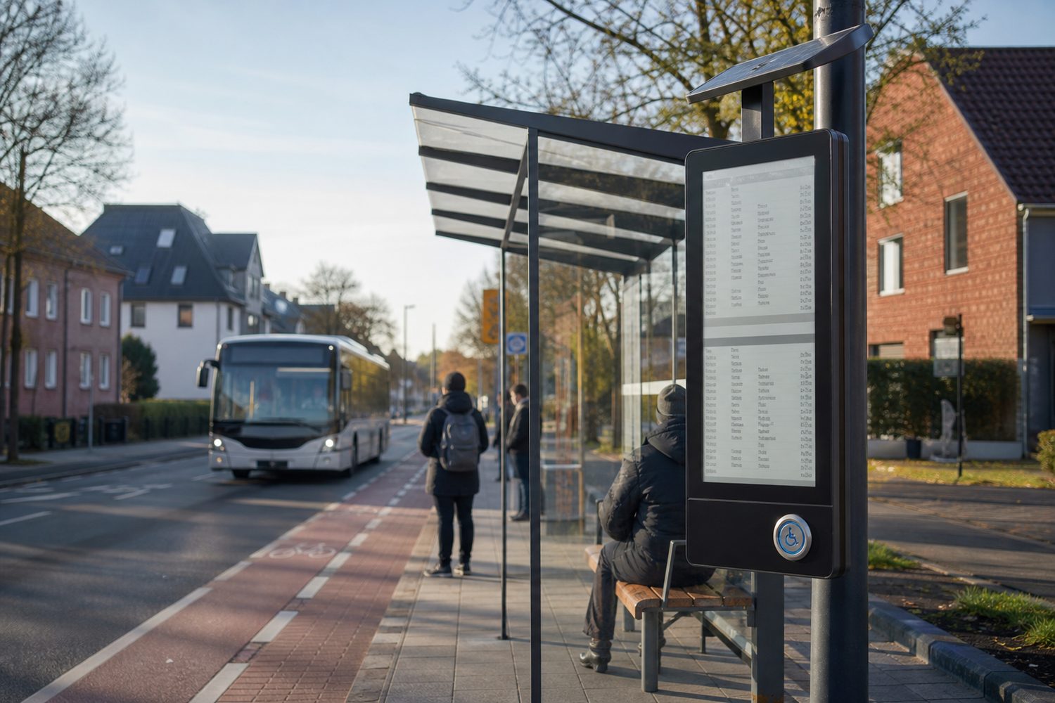 Solarbetriebene digitale Fahrplananzeige an einer Frechener Bushaltestelle