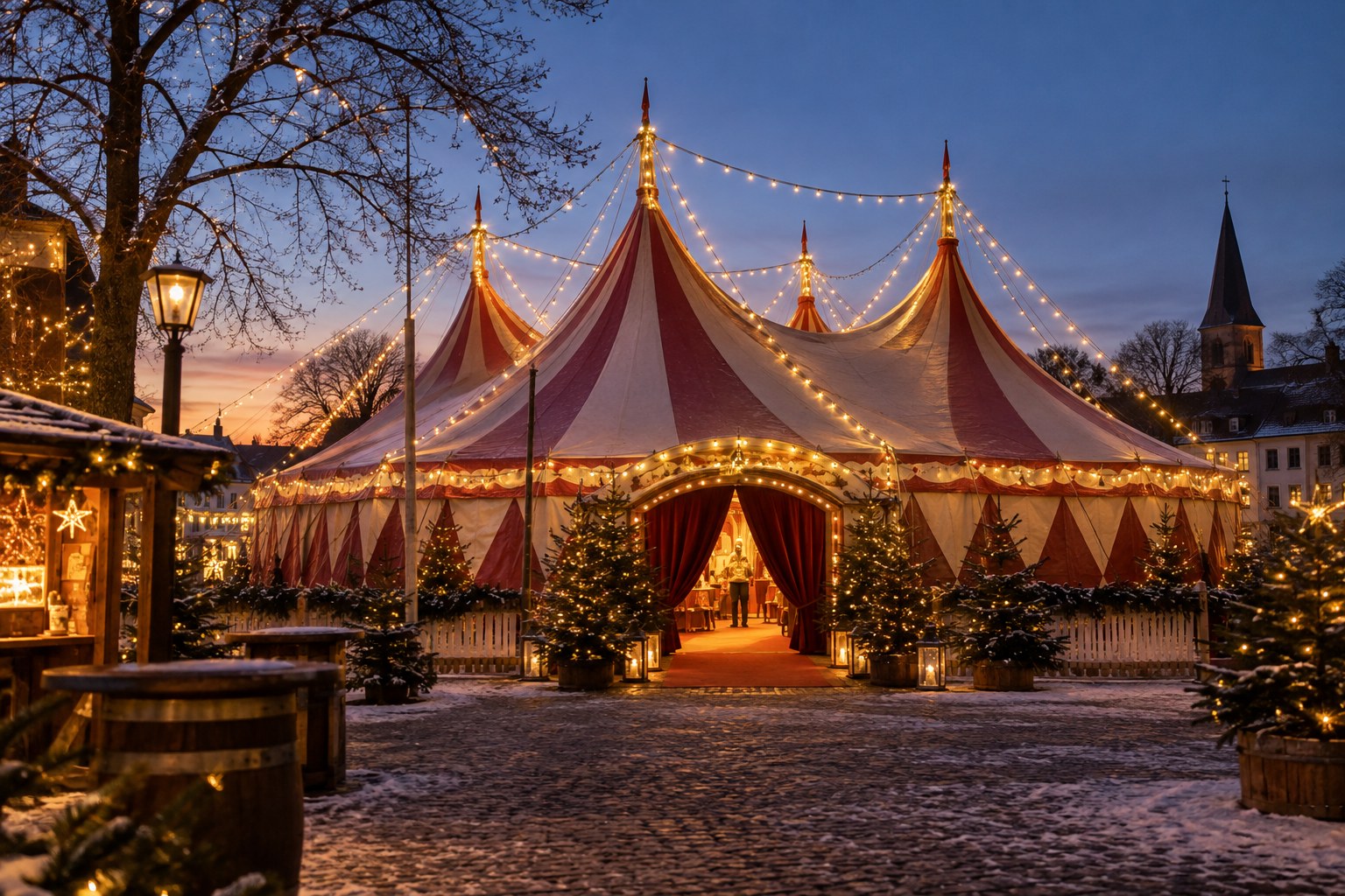 Beleuchtetes Circus-Zelt in winterlicher Atmosphäre als Erftpost-Motiv zum Hürther Wintercircus 2026