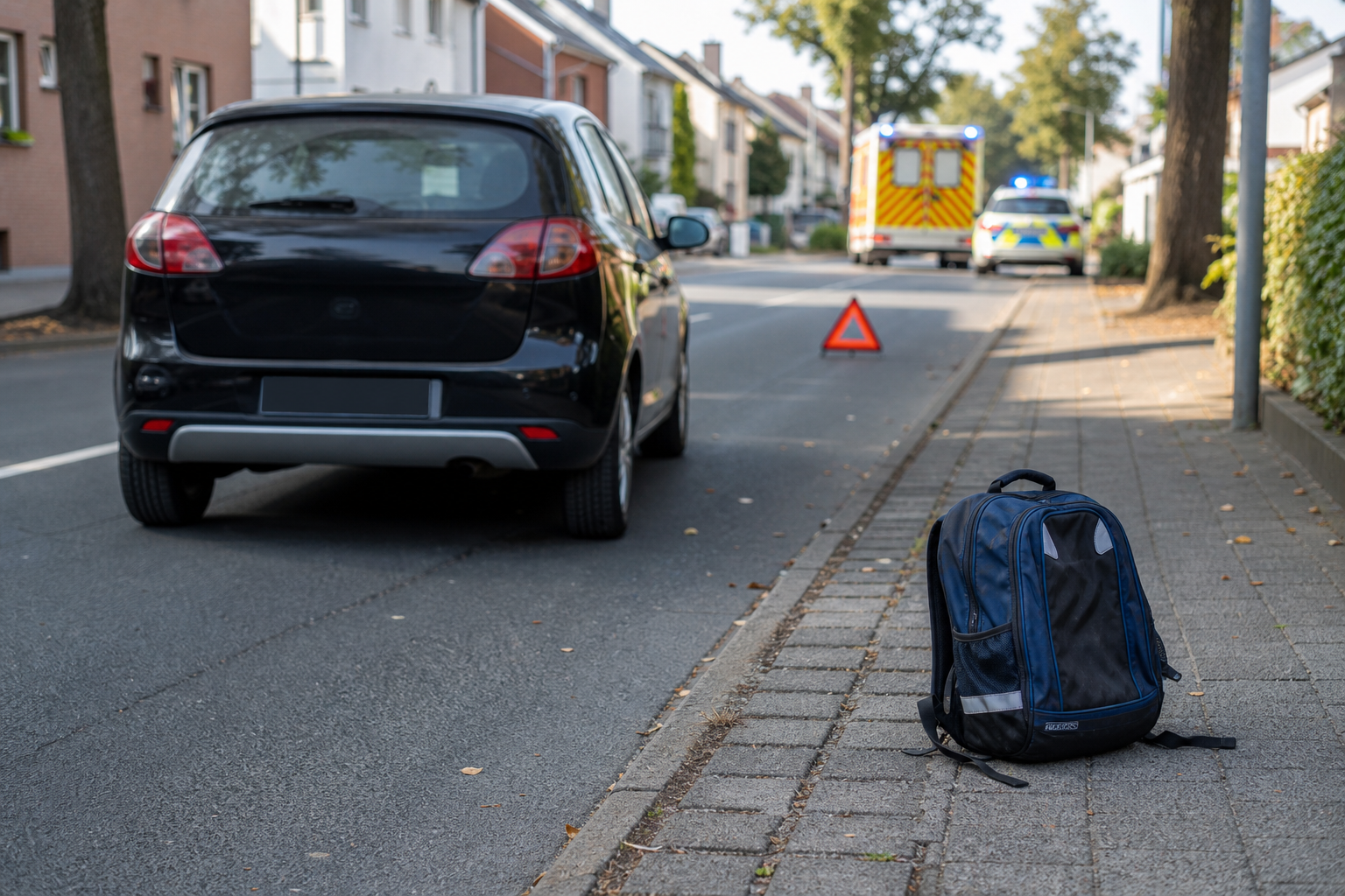Symbolbild: Schulrucksack am Straßenrand nach einem Verkehrsunfall in einem Kerpener Wohngebiet