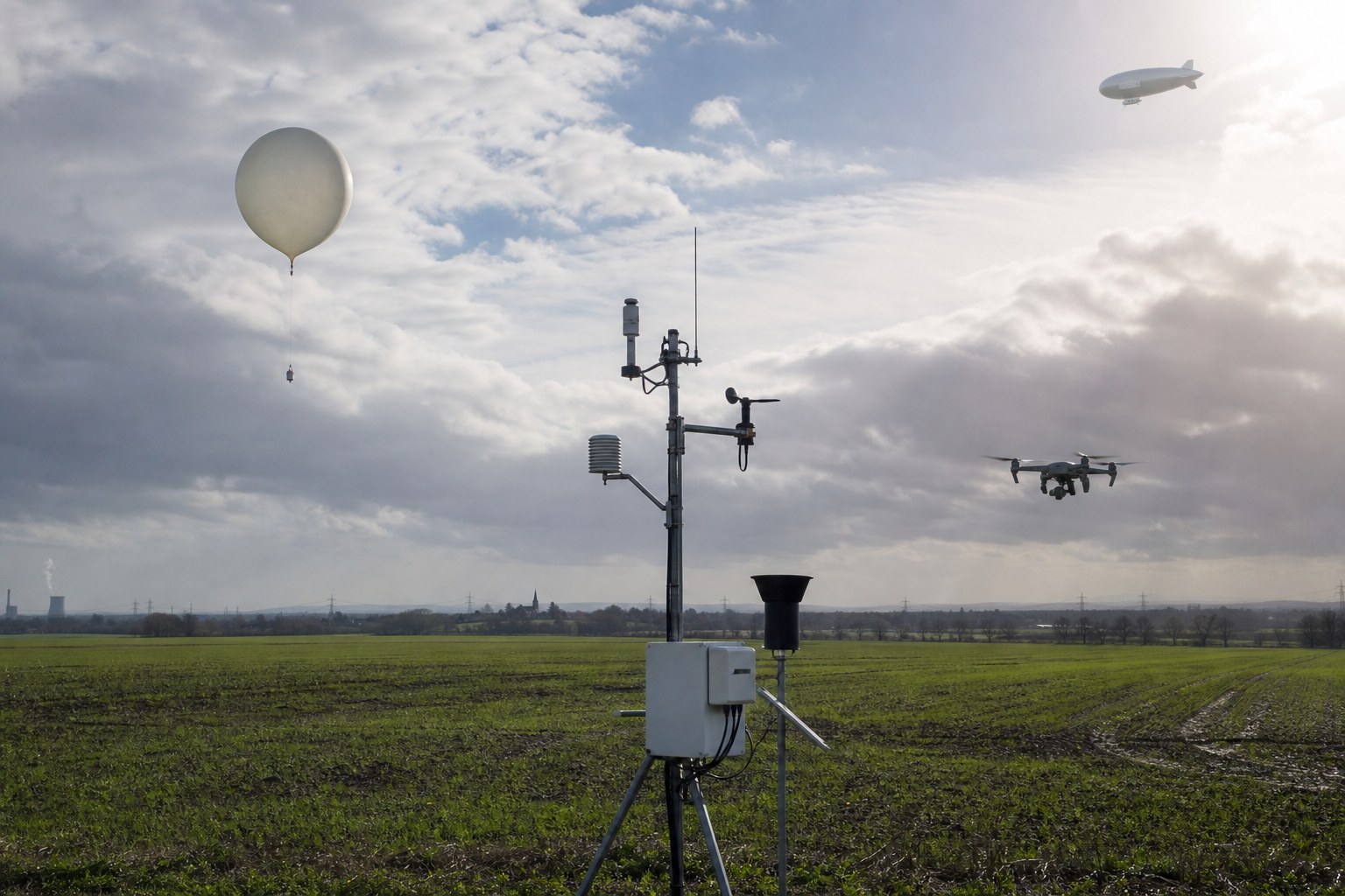 Symbolbild einer wissenschaftlichen Wetterstation mit Wetterballon, Drohne und Forschungszeppelin bei Pulheim