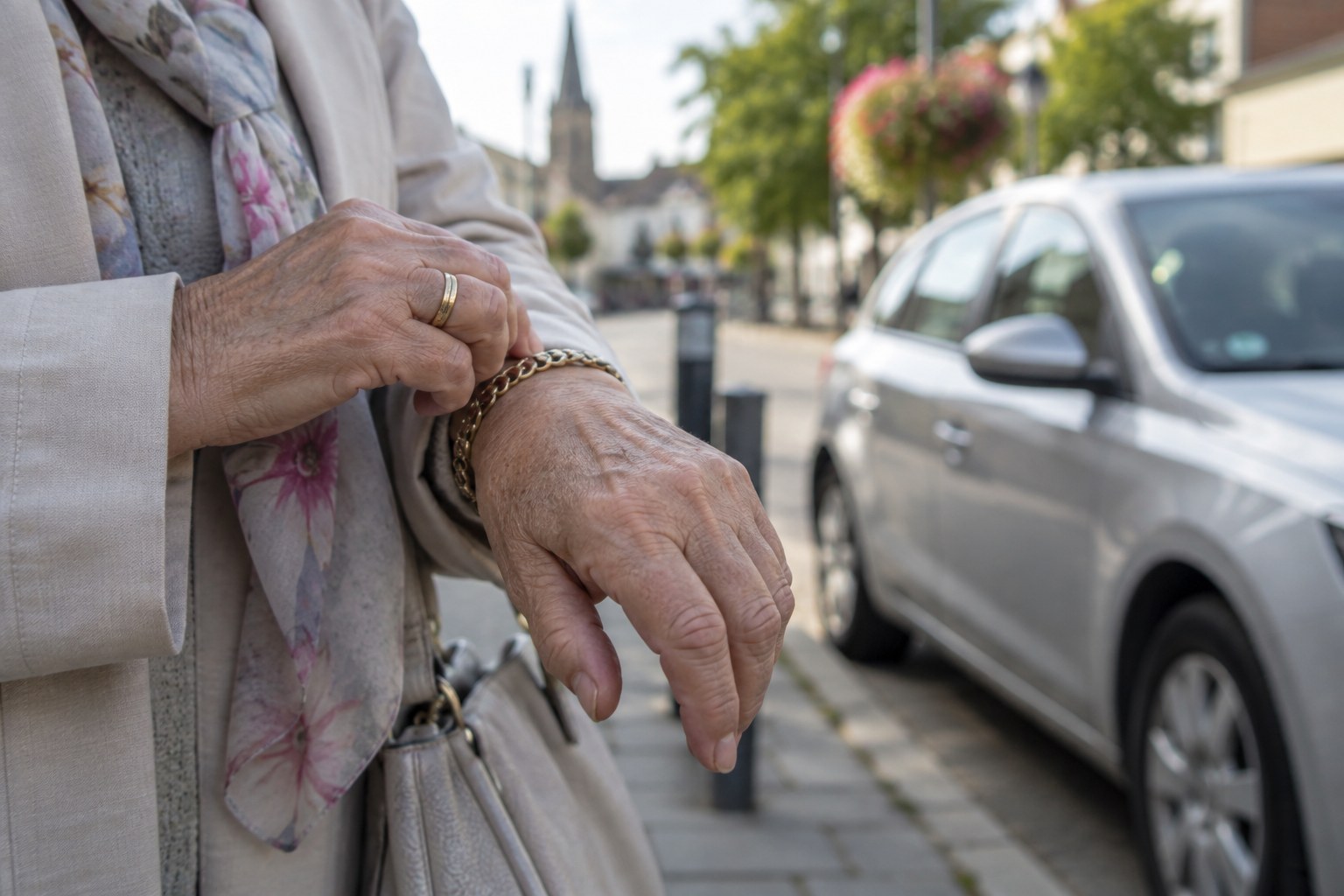 Erftpost-Symbolbild zu einem Schmuckraub: Hände einer älteren Frau und ein silbernes Auto im Hintergrund