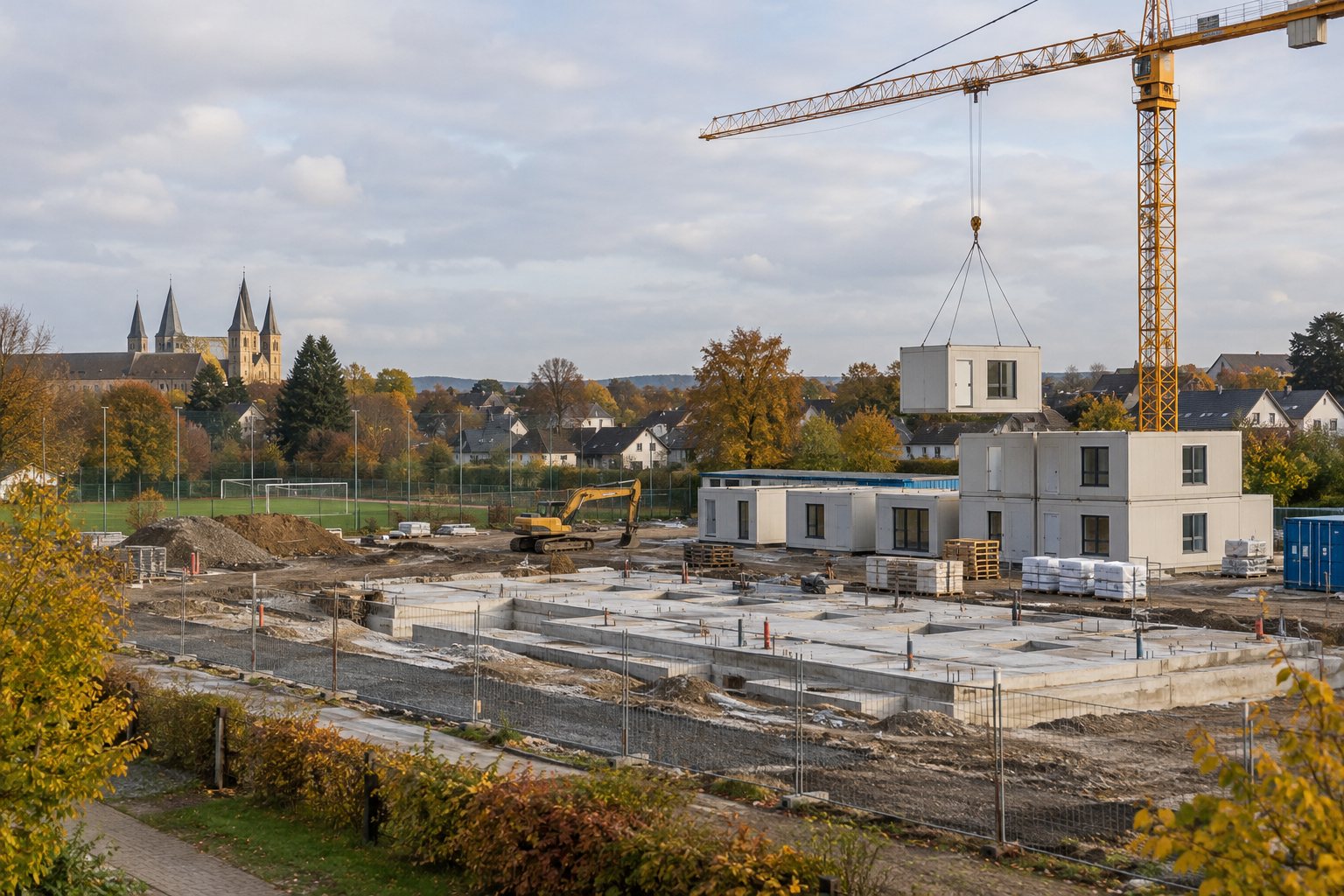 Symbolbild einer modularen Baustelle auf einem früheren Sportplatz in Brauweiler