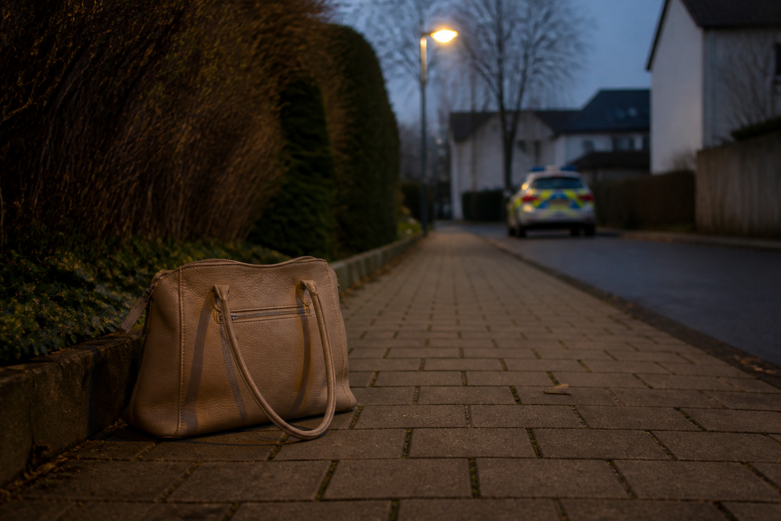 Symbolbild einer Handtasche auf einem ruhigen Wohnweg bei Abendlicht