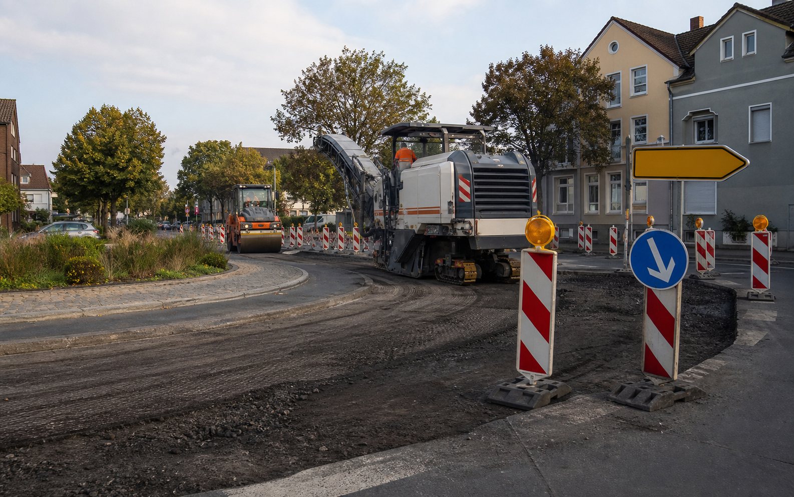 Straßenbaumaschinen sanieren einen gesperrten Kreisverkehr