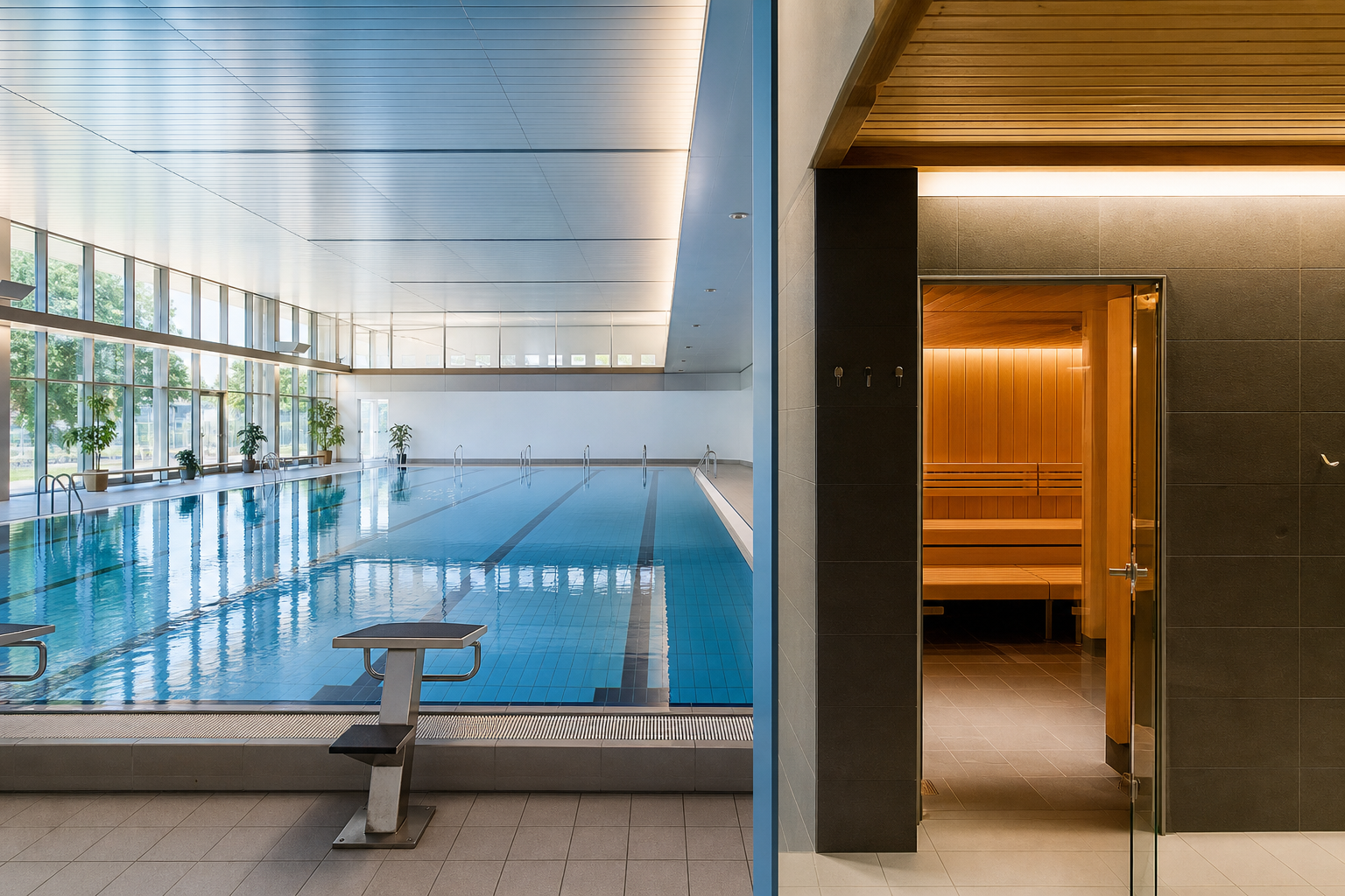 Schwimmerbecken und Saunabereich eines modernen Hallenbads
