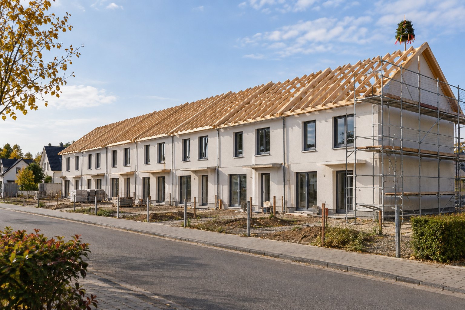 Neubau von sieben Reihenhäusern mit Richtkranz in einem Wohngebiet – KI-generiertes Symbolbild