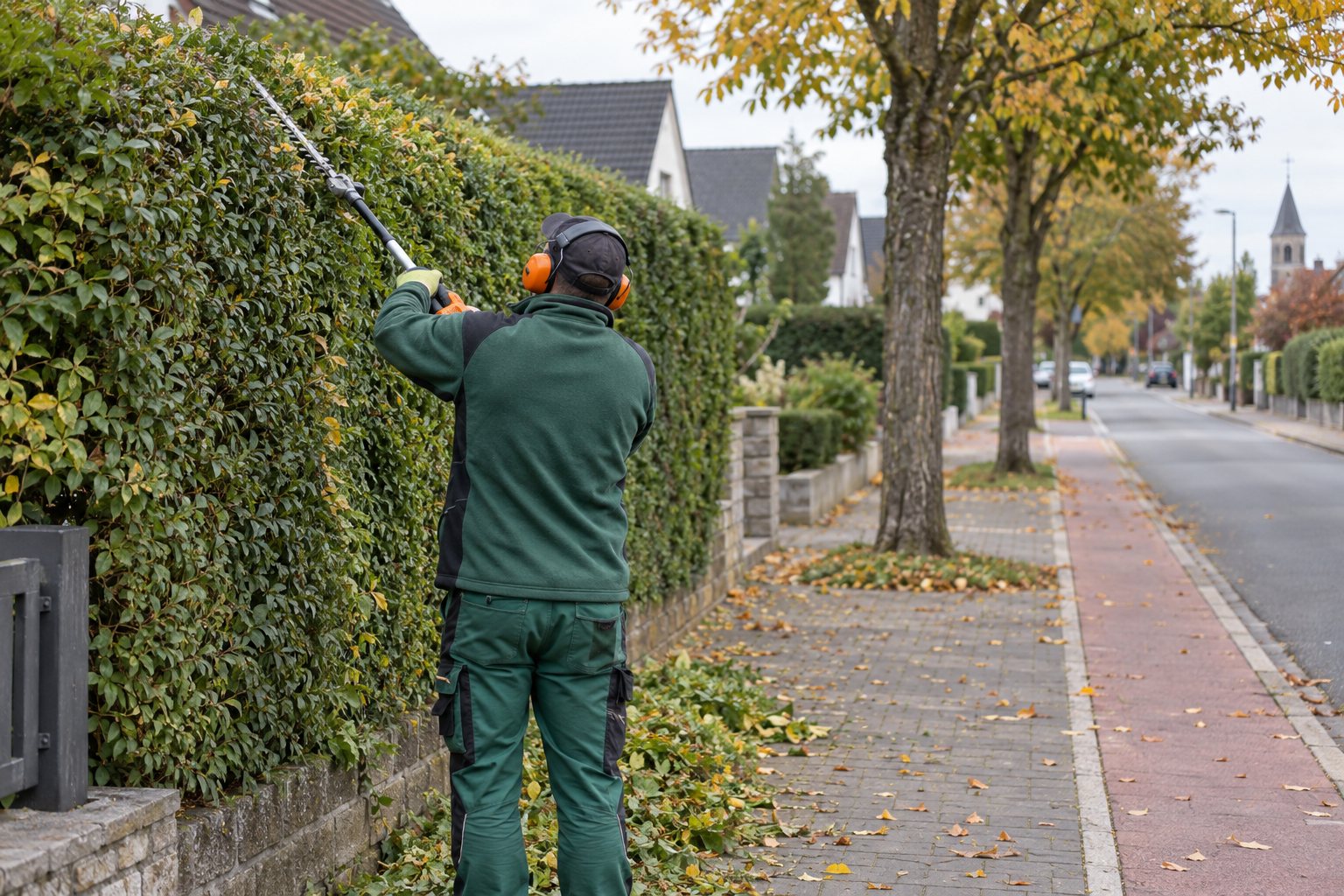 Symbolbild: Gärtner schneidet im Herbst eine Hecke entlang eines Gehwegs zurück