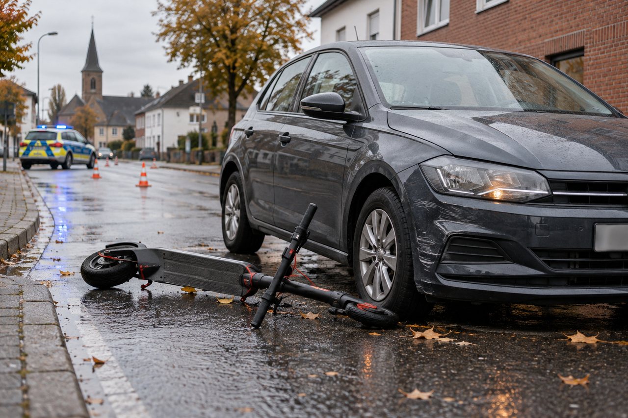 Symbolbild: E-Scooter neben einem Auto auf regennasser Straße