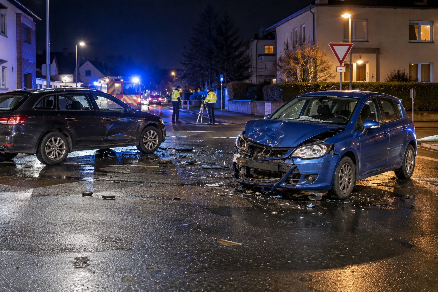 Realistisches redaktionelles Symbolbild eines nächtlichen Verkehrsunfalls