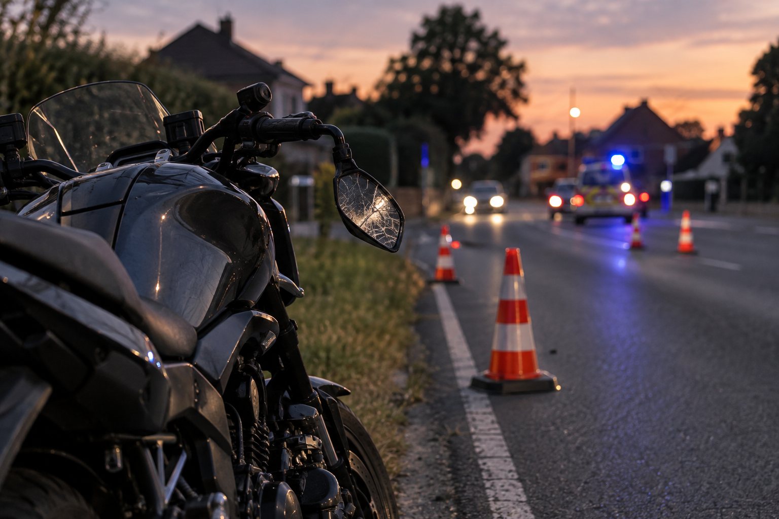 Realistisches redaktionelles Bild eines Motorrads an einer abgesicherten Landstraße am Abend