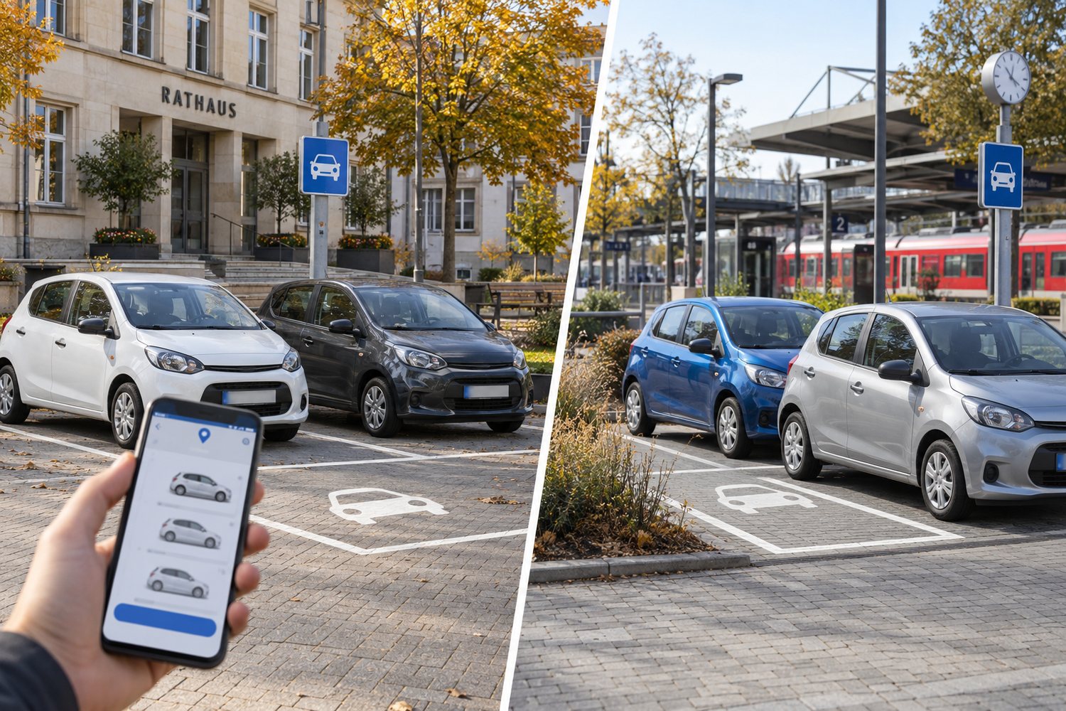 Realistisches redaktionelles Symbolbild von vier Carsharing-Fahrzeugen an Rathaus und Bahnhof