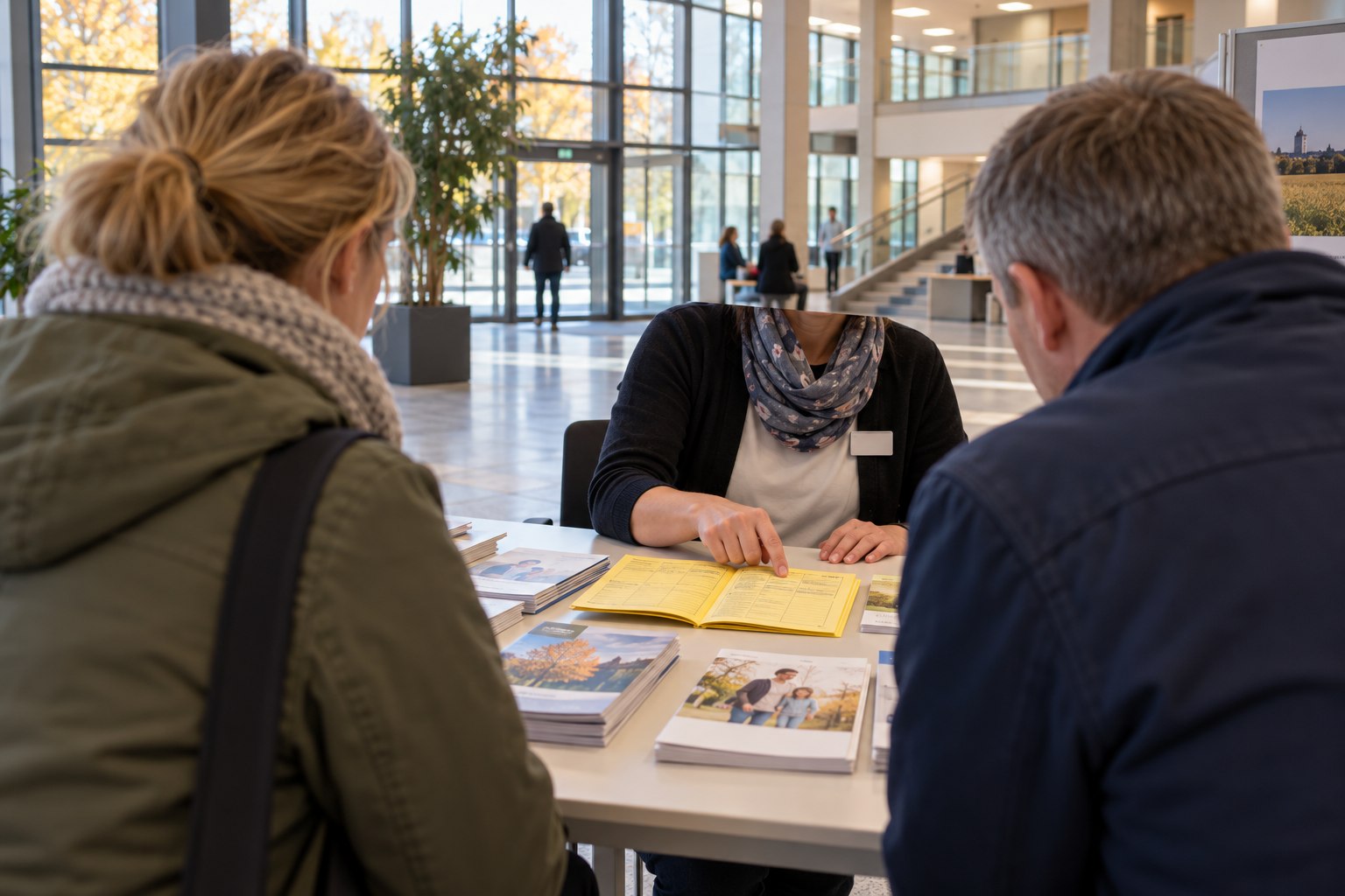 Beratung zu einem Impfpass in einem Verwaltungsgebäude