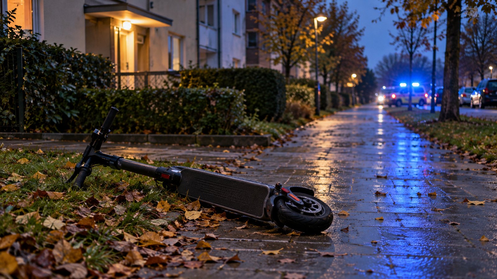 E-Scooter auf einem Weg mit Polizeilicht im Hintergrund