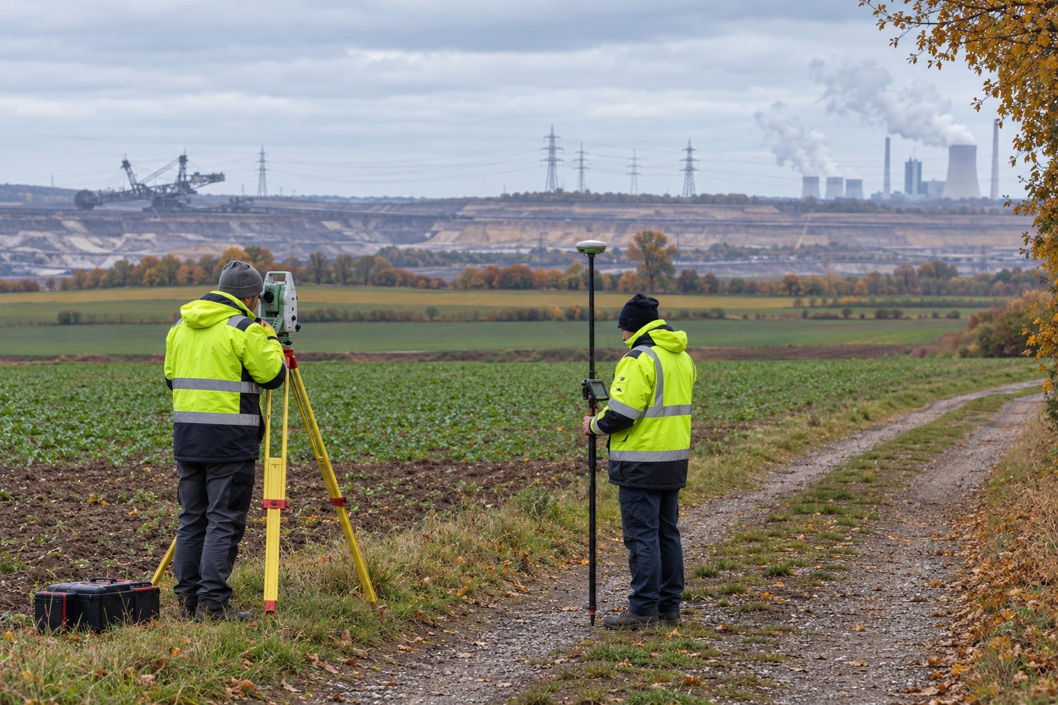 Vermessungsteam auf einer landwirtschaftlichen Fläche bei Bergheim