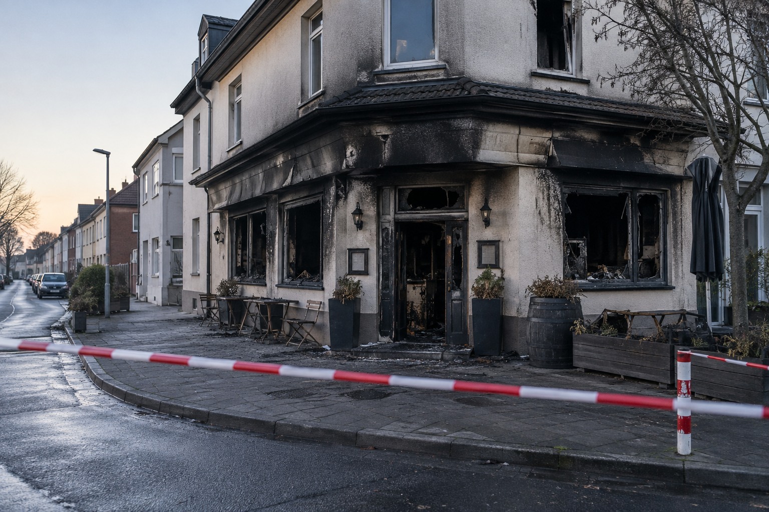 Ausgebrannter Innenraum einer traditionellen Gaststätte nach einem nächtlichen Feuer